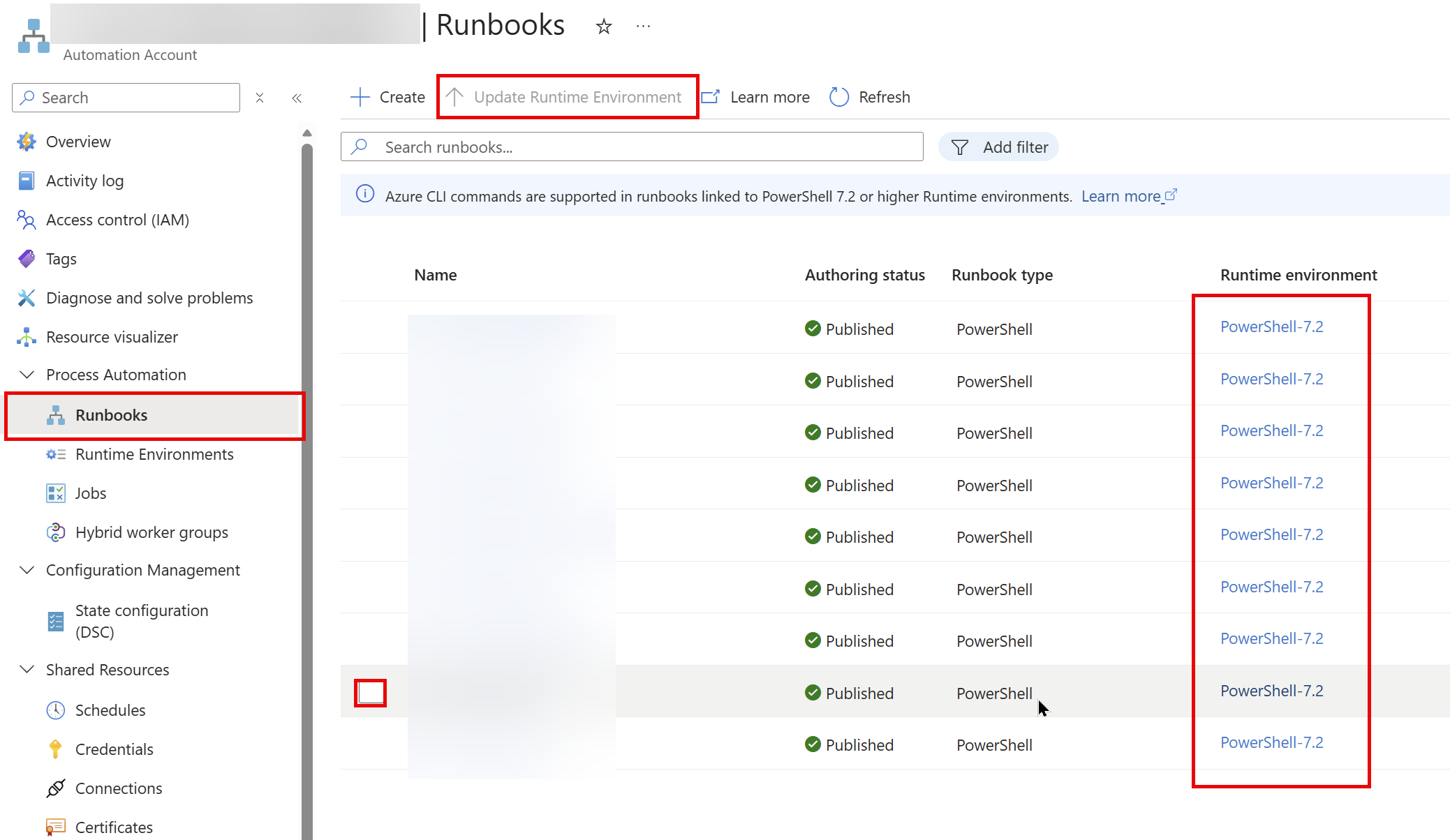 Automation account runbooks list with the Runtime environment column showing PowerShell-7.2 and the Update Runtime Environment button