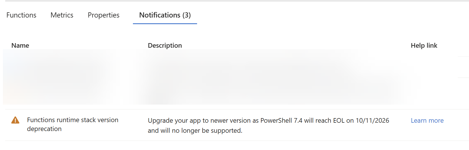 Function app notifications tab with the warning that PowerShell 7.4 will reach end of life